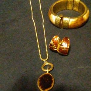 3Piece Gold & Brown Pierced Jewelry Set